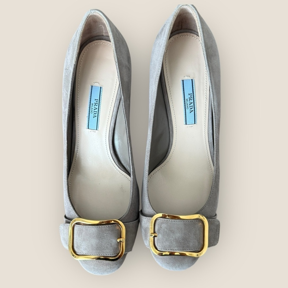 AUTHENTIC Prada | Vintage Gold Hardware Suede Pumps | Size 38 - Picture 2 of 13